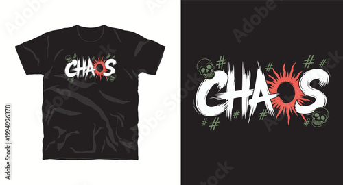 Chaos t-shirt design with sun and skull graphics in expressive brush font style.