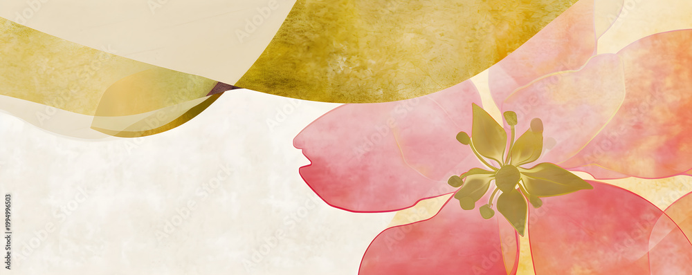 Fototapeta premium Japanese flower illustration with soft petal layers on textured paper background. Minimalist floral art with copy space for creative design. Banner with copy space