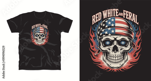 Skull with american flag bandana and flames, red white and feral t-shirt design.