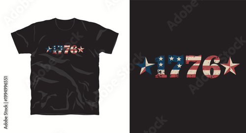 Distressed 1776 numbers with american flag and stars, patriotic t-shirt design.