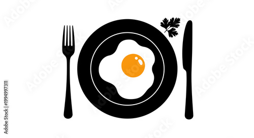 Minimalist illustration of a plate with fried egg fork and knife