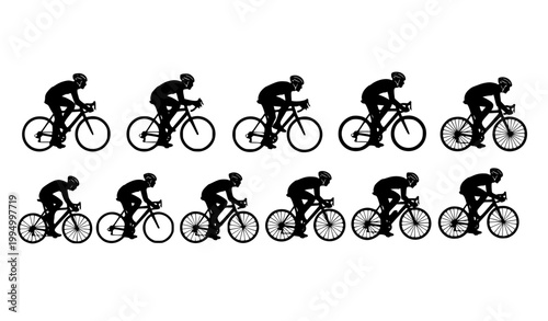 Cyclist silhouettes vector set showing different riding positions and race stages isolated on white background