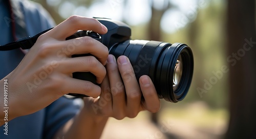 Close up hands holding camera outdoors, creative photographer lifestyle concept