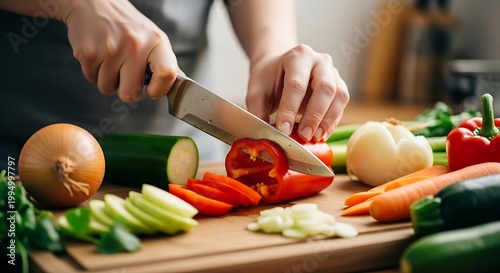 Close up hands cutting fresh vegetables on wooden board, healthy home cooking concept