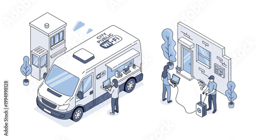 Isometric Illustration of Mobile City Public Wi-Fi Van Providing Wireless Internet Connection for People in Urban Area