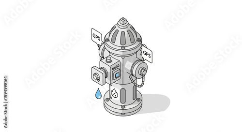 Smart IoT Fire Hydrant with GPS Tracking and Digital Monitoring System - Isometric 3D Illustration for Urban Infrastructure and Technology