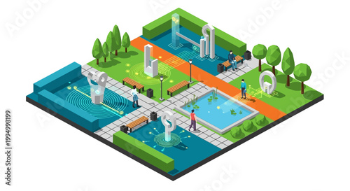 Isometric Smart City Park with Augmented Reality Features and Digital Interactive Installations for Future Urban Living