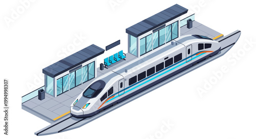 Isometric High-Speed Train at Modern Railway Station Platform Illustration for Public Transportation and Urban Commute Concept