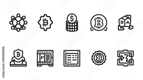 Crypto Icons Collection: A set of ten clean and simple cryptocurrency icons suitable for various business or technology applications, including blockchain concepts.
