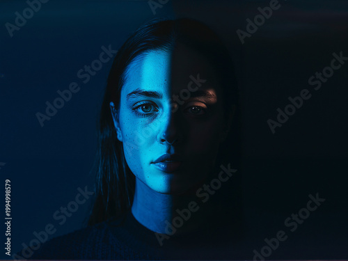 Woman's portrait with blue light and shadow duality