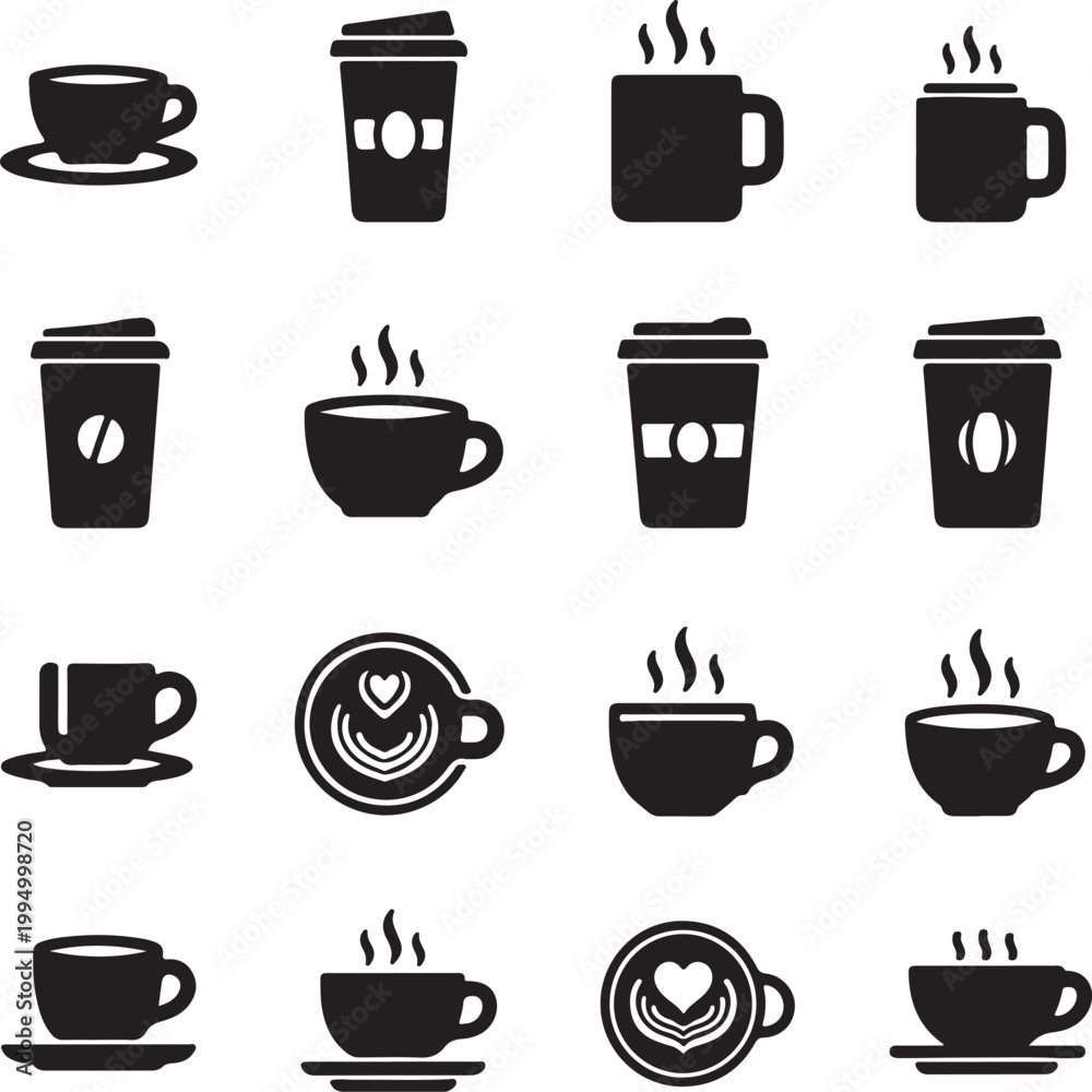Obraz premium Set of coffee icons, including cups, mugs, and takeaway cups