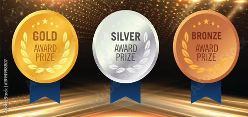Gold Silver Bronze Award Medals on Glitter Background Winner Podium Medals Set Gold Silver Bronze Achievement Concept Award Ceremony Medals First Second Third Place Illustration
