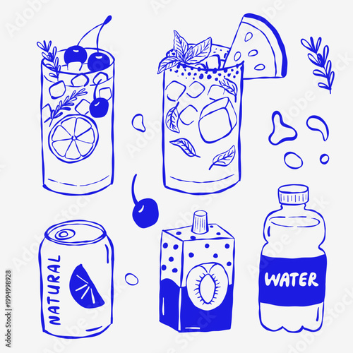 Hand-drawn sketch of refreshing drinks, including cocktails, cans, juice boxes, and water bottles. Each item shows vibrant, playful details like cherries, citrus slices, mint leaves, and ice