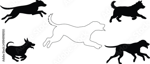 Collection of five dog silhouettes in various running poses, one white outline jumping action