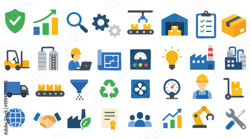 Manufacturing industry flat icon set factory production engineering machinery industrial process automation symbols