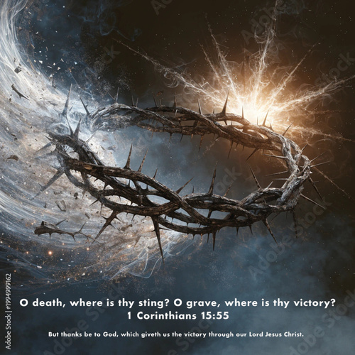 Crown of thorns in a cosmic space background with biblical scripture 1 Corinthians 15:55 about victory over death