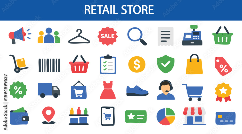 Naklejka premium Retail store flat icon set shopping commerce sales supermarket cashier customer payment symbols