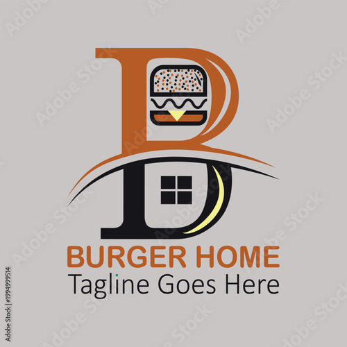 B burger home logo, minimalist burger, Fast food logo, modern, emblem, label, Burger vintage, Burger design, cool vector illustration, vector logo design, flat, simple, symbol, cheese burger,