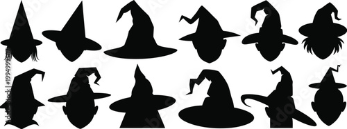 Collection of black silhouette witch hats with varied and angles halloween