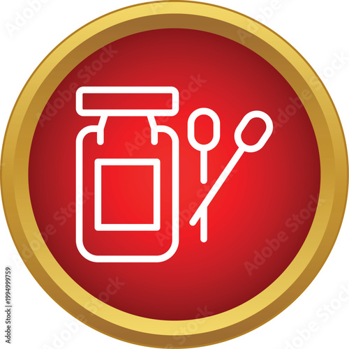 Medicine bottle and cotton swabs line icon in a red circle