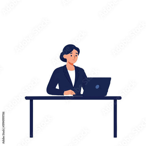 Modern Flat Vector Illustration of a Professional Woman Working at a Desk with a Laptop - Business Corporate Style