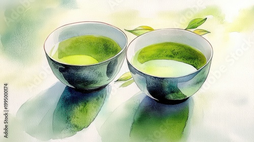 Watercolor painting featuring two serene bowls of vibrant green tea, possibly matcha, with delicate leaf accents and soft reflections.
