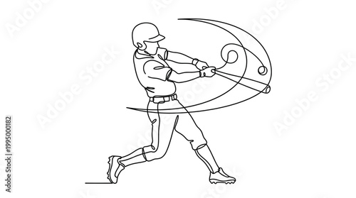 Continuous line drawing of a baseball player hitting a ball.
