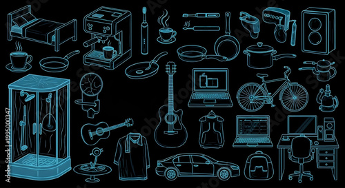 AutoCAD Daily Life Routine Vector Set – Multiview Lifestyle Activities Blueprint Cyan Outline on Black Background