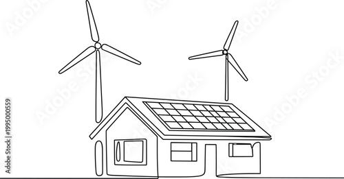 Modern eco-friendly house with solar panels and wind turbines generating clean energy illustration