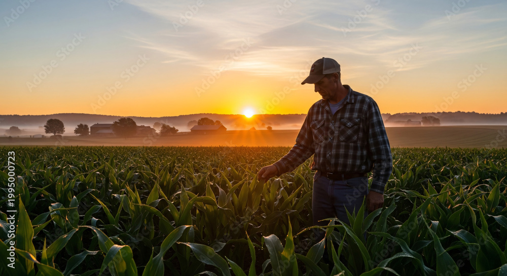 Fototapeta premium Dedicated farmer diligently inspects thriving corn crops at a serene sunrise, reflecting on agricultural stewardship and the calm beauty of the land