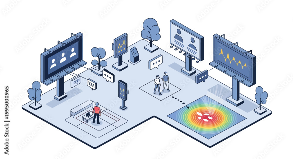 Fototapeta premium Isometric Smart City Environment with Digital Billboards and Data Analytics Heat Maps