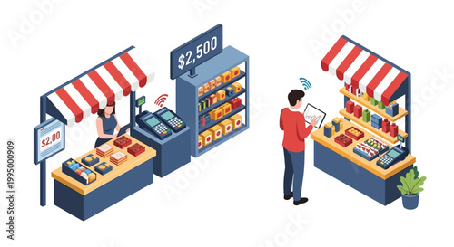 Smart Retail and E-commerce Concept: Isometric Illustration of Modern Market Stalls with Digital Payments, Tablets, and POS Terminals