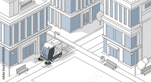 Isometric Autonomous Street Sweeper Robot Cleaning Modern City Streets, Smart City Technology and Urban Maintenance Illustration
