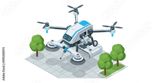 Futuristic Isometric Drone Robot for Smart City Maintenance and Street Cleaning with Brushes and Robotic Arm