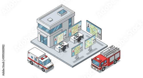 Isometric Emergency Dispatch Command Center with Fire Truck and Ambulance Illustration
