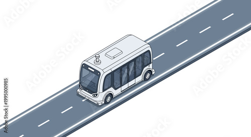 Isometric Illustration of an Autonomous Self-Driving Shuttle Bus on a Roadway