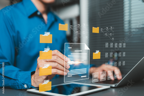 Document Management System Concept. Businessman organizing digital files, folders, and records on connected device. file classification, document workflow, storage control, information management, DMS