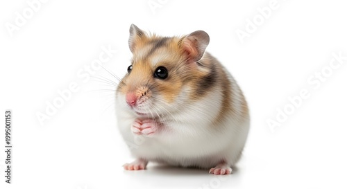 Cute little hamster sitting on a white background, close-up portrait of a fluffy tricolor pet rodent