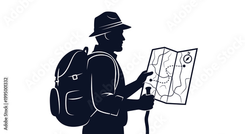 Silhouette of a traveler examining a map with a compass and backpack