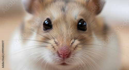 Extreme close-up portrait of a cute hamster's face with large dark eyes and long whiskers