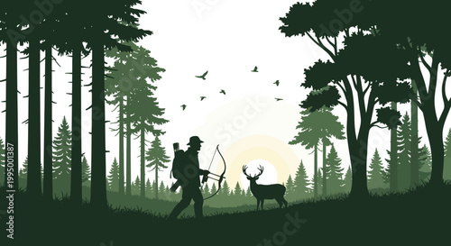 Hunter with bow and arrow stalks a majestic white tailed deer in forest