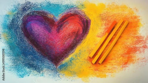 Vibrantly textured pastel heart drawing with a gradient of warm and cool colors, accompanied by drawing tools on paper.