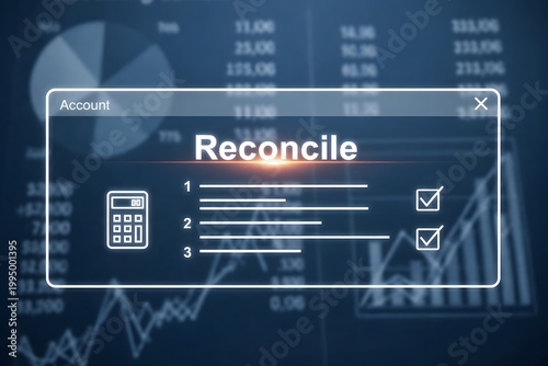 Abstract digital illustration of financial reconciliation on a dashboard, with a pop-up window showing a checklist, calculator, and data, representing modern accounting and business technology.