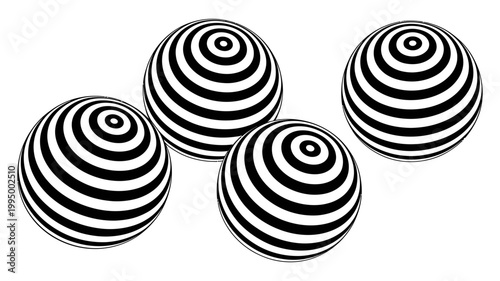 Abstract black and white spheres with concentric circle patterns creating optical illusions, concentric