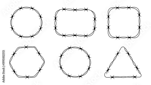 Set of various shaped barbed wire frames and borders on isolated white background with security, protection