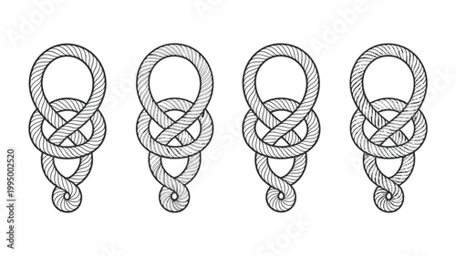 Figure eight knot variations in rope style with hand-drawn texture on white background nautical security