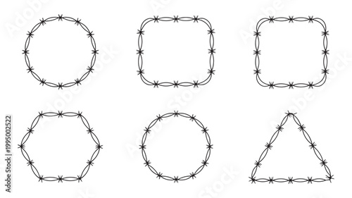 Set of various barbed wire decorative frame shapes in thin black line style with triangle decorative abstract