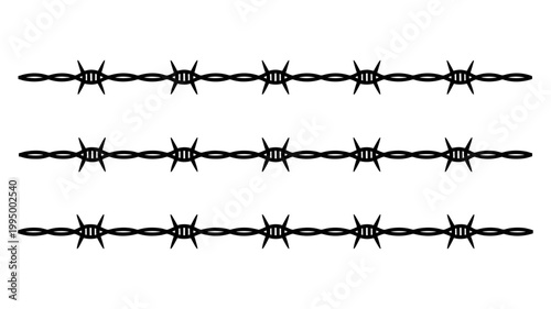 Three horizontal sections of thin stylized barbed wire design element with security isolated abstract