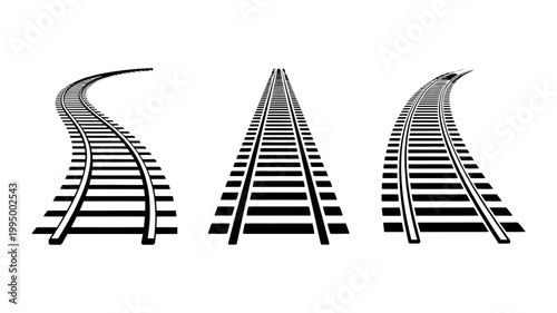 Three perspective views of train railroad tracks set in black and white with railroad perspective transport