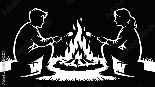Black and white silhouette illustration of boy and girl roasting marshmallows at campfire with children